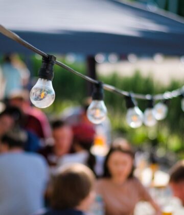 Hanged lamps at outdoor BBQ restaurant